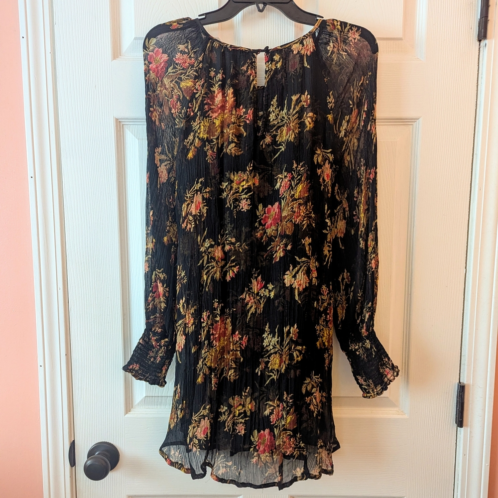 Sundance Halima Crinkle Chiffon Black Floral Mini Dress (size PXS)